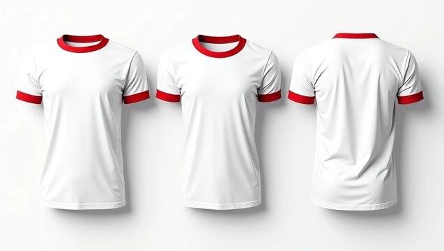 Blank ringer tee mockup in front, side, and back views isolated on grey background. 3d rendering, 3d illustration