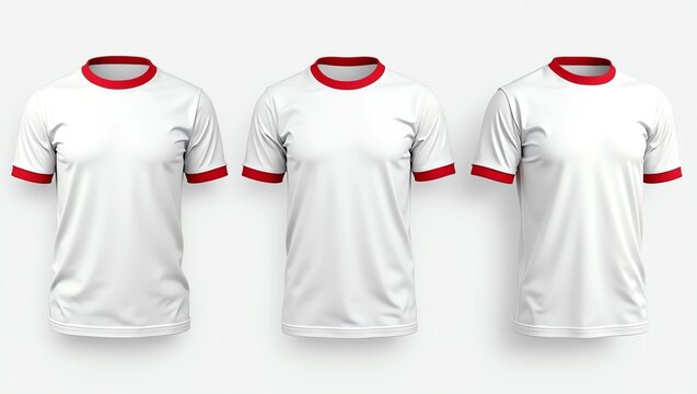 Blank ringer tee mockup in front, side, and back views isolated on grey background. 3d rendering, 3d illustration