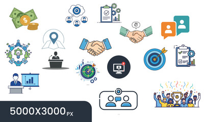 Obraz premium Corporate Finance and Business Growth Icons Collection – Partnership Handshake, Target Achievement, Investment, Presentation and Strategy Vector