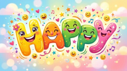 Naklejka premium Cheerful Happy Word Art with Smiling Emoji Decorations and Colorful Background.