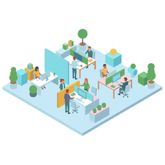 Isometric illustration of business people working together in a modern office space.