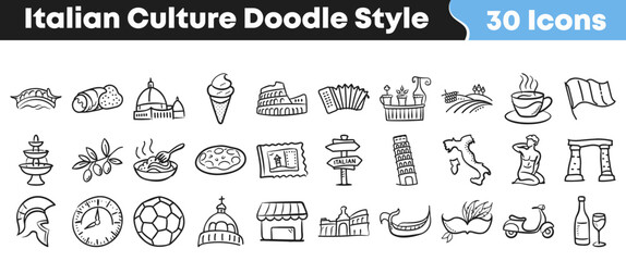 A comprehensive set of charming hand-drawn Italian cultural doodle icons capturing the essence of Italy's famous landmarks, cuisine, and traditions in a delightful illustration style. © Vectoravec