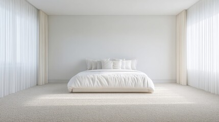 Minimalist bedroom interior with white bedding and large windows, natural light flooding the serene space