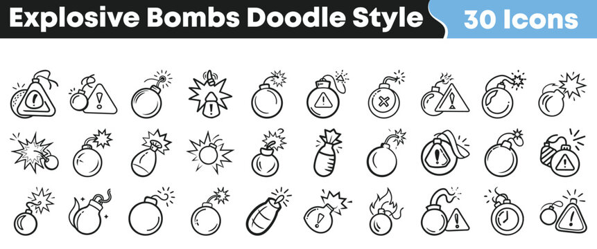 Collection of thirty distinct explosive bomb icons rendered in a whimsical doodle sketch style perfect for danger concepts.