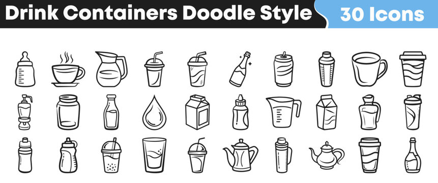 A diverse collection of 30 hand-drawn doodle style icons representing various drink containers, perfect for web design, mobile apps, or any beverage related graphic project.