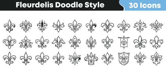 Collection of thirty unique hand drawn doodle style fleur de lis icons perfect for heraldry or vintage design elements © Vectoravec