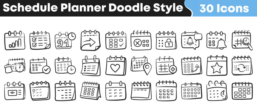 Collection of hand-drawn doodle style calendar icons perfect for scheduling, planning, events, and task management, offering versatile design elements for applications, websites, and digital projects.
