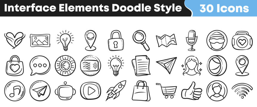 A charming collection of thirty hand drawn black and white interface elements perfect for any creative digital design project.