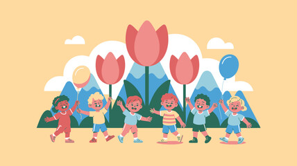 Fototapeta premium Happy children group balloons