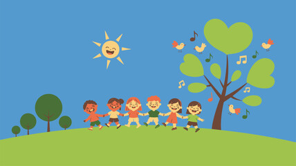 Happy children holding hands nature music