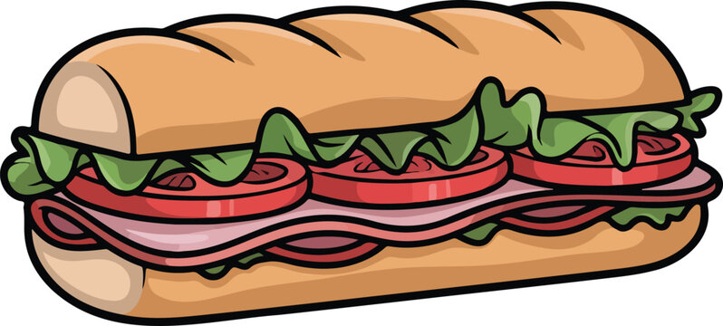 Cartoon submarine sandwich illustration with lettuce tomato and deli meat in French bread roll minimal fast food vector