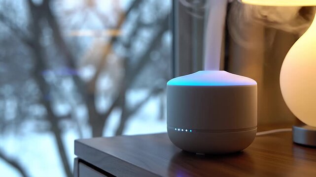 Modern humidifier emitting steam on wooden table in winter window light