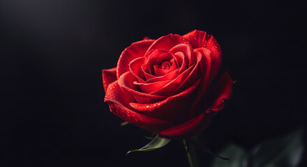 Fototapeta premium Rose Vibrant Red Flower with Sparkling Water Droplets Against a Dark Elegant Background Showcasing Natural Beauty and Romantic Allure