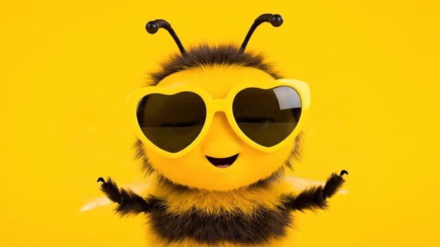 Adorable fluffy bee character wearing heart shaped sunglasses on a vibrant yellow background. Funny insect mascot shown in a sequence of poses for a cheerful summer or love concept
