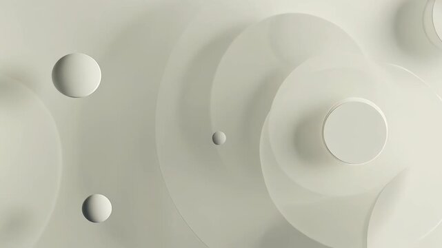 Abstract minimalist 3D background with floating white circles, translucent glass discs, and geometric spheres moving with soft shadows