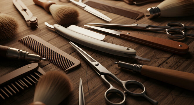 Vintage barber shop tools and equipment on wooden table