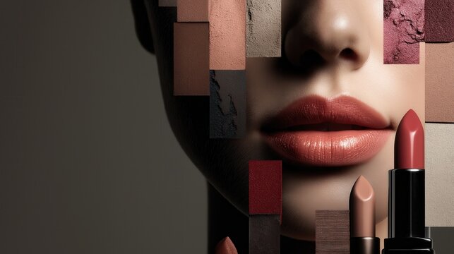 Close-up of lipstick and makeup color samples with female lips, beauty and cosmetic palette concept.
