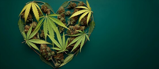 Cannabis leaves and buds in heart shape on green background