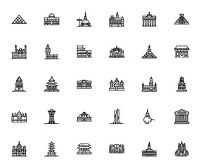Landmarks icon set. World famous buildings vector collection. Includes Louvre, Colosseum, Angkor Wat, Big Ben, Brandenburg Gate and more. Editable stroke. © wang
