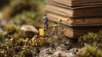 Obraz premium Miniature businessman standing in shopping cart beside old books, surreal concept of consumerism, knowledge, and choice.