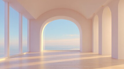 Fototapeta premium Serene Modern Interior with Large Arched Windows Emphasizing Light and Airy Atmosphere for Relaxation and Inspiration