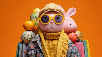 Fototapeta premium Stylish Easter rabbit wearing glasses and hat with shopping bags and decorated eggs on orange background, playful retail concept.