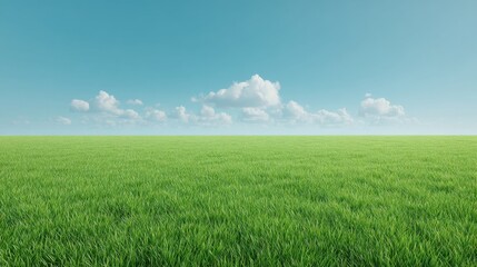 Obraz premium Lush Green Grass Field Under Clear Blue Sky with Fluffy Clouds and Endless Horizon for Scenic Nature Representation