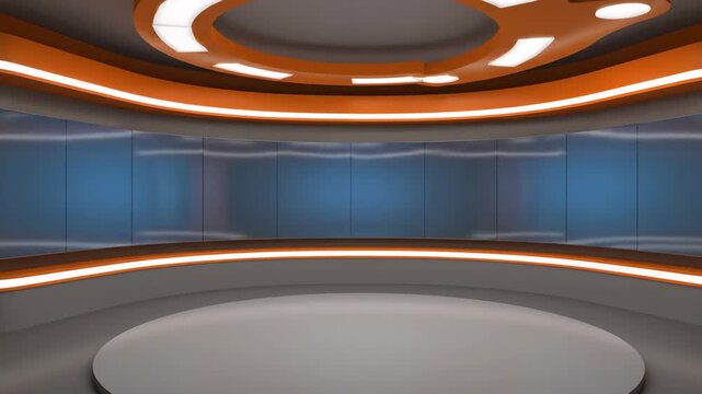 Modern virtual television studio set for broadcast news or talk shows. Empty stage with orange accents and a customizable background screen for professional presentations