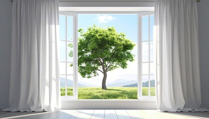 Fototapeta premium Bright Window View - A Tree in a Green Field.