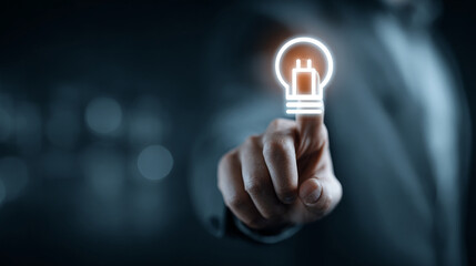 Entrepreneur pressing illuminated geothermal energy plant icon on digital interface in eco innovation lab, symbolizing alternative power strategy