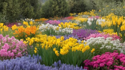 Obraz premium Vibrant Garden Landscape with Colorful Flowers in Bloom Showcasing Yellow, Purple, Pink, and White Petals in Spring Sunshine