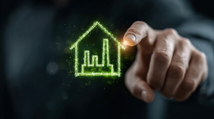 Entrepreneur pressing illuminated geothermal energy plant icon on digital interface in eco innovation lab, symbolizing alternative power strategy