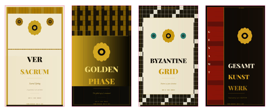 Art Nouveau Magazine Cover, Vienna Secession Design, Gold Ornament Editorial Template, Klimt Aesthetic Poster, Byzantine Pattern Layout, Art Deco Print Cover, Gilded Design