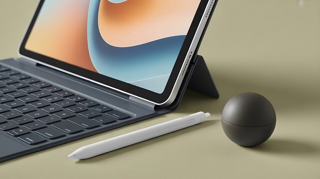iPad Pro tablet with Magic Keyboard, Apple Pencil on neutral surface