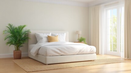 Naklejka premium Serene and Minimalist Bedroom with Bright Natural Light, Cozy Bedding, and Indoor Plant Accents
