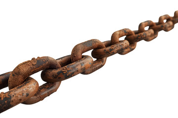 Obraz premium Rusty metal chain in diagonal formation showing corrosion and strength, industrial link connection against transparent background