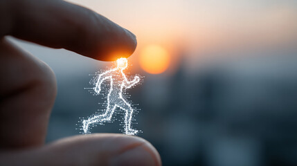 Finger activating digital marathon runner icon on rooftop office background at sunrise, representing endurance based long term business strategy