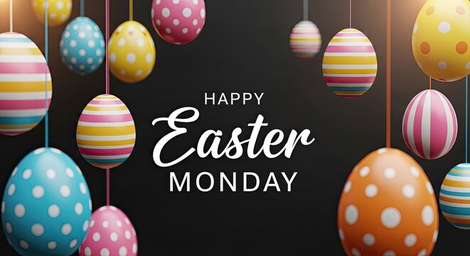 Vibrant easter eggs and greeting on black background for easter monday