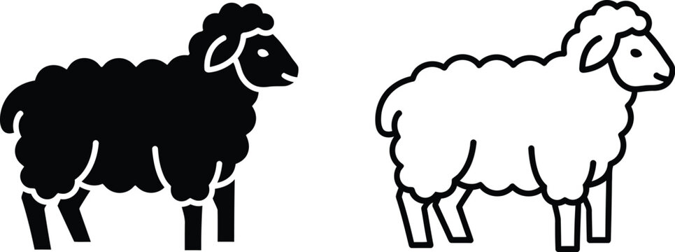 Black and white sheep line art illustration isolated on transparent background, Vector