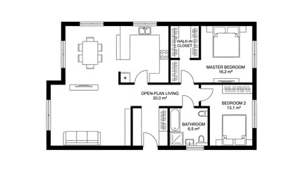 Detailed floor plan of a modern residential house with labeled rooms.