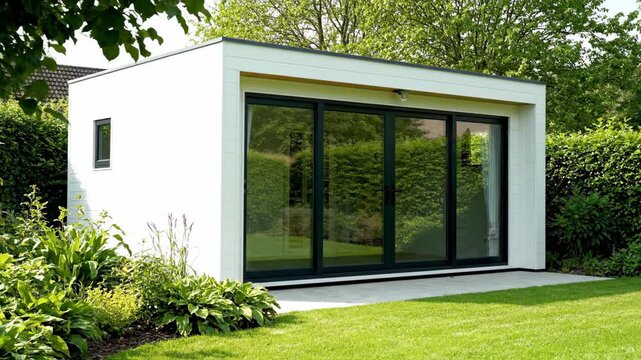 Contemporary white cabin in a beautiful summer garden with a manicured lawn. Prefabricated modular home used as a stylish studio or a peaceful backyard office space