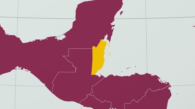 Belize map. Animated zoom into the country on the Globe in Pale Mint Dark Pink color palette. Country logo animation with round text and airplanes. Map with meridians, parallels. Stylish video.