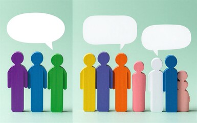 Fototapeta premium Colorful paper cutouts represent diverse groups communicating with speech bubbles.