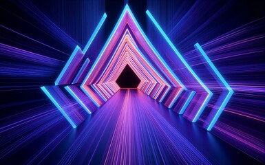Fototapeta premium Neon-lit triangular tunnel with vibrant purple and blue lights receding into darkness.