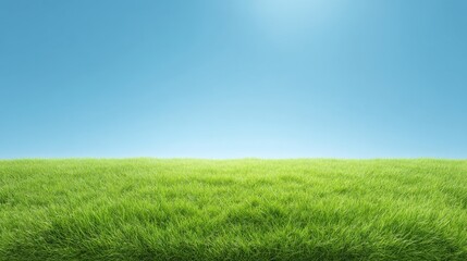 Fototapeta premium Lush Green Grass Under Clear Blue Sky with Sunlight for Natural Landscape and Outdoor Nature Themes