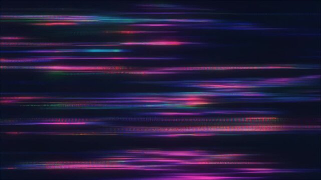 ネオンに揺らぐグリッチノイズと暴走するデータの奔流が広がるサイバー空間背景