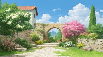 Serene Garden Pathway with Blooming Flowers and Tranquil Blue Sky in a Picturesque Landscape Setting