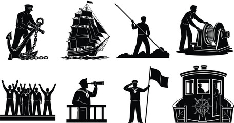 Maritime and transport worker silhouettes collection featuring sailor with anchor, sailing ship, railway operator, signalman, captain with telescope and cheering crowd icons © MSTMARIOM