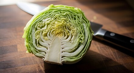 Obraz premium A halved head of cabbage on a wooden cutting board with a knife