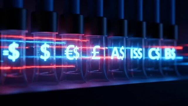 Quantum arbitrage paths drive global finance, illustrating complex algorithmic currency trading in a futuristic digital market with vibrant neon light effects.